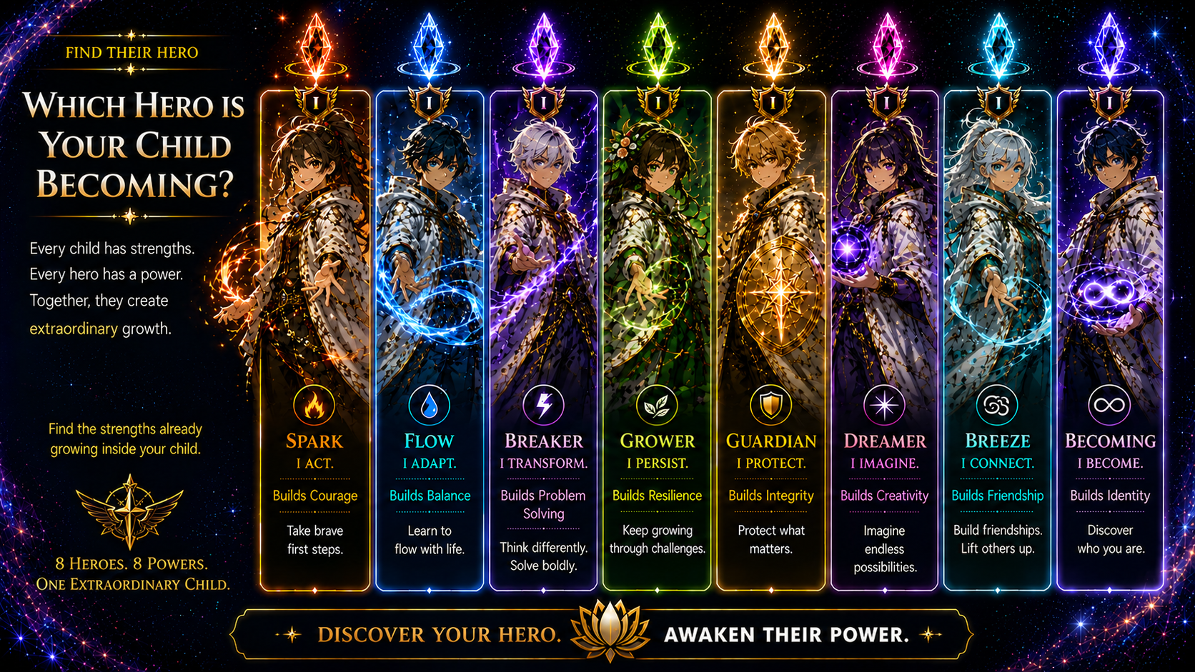 Which Hero is Your Child Becoming? Seven elemental heroes — Spark, Flow, Breaker, Grower, Guardian, Dreamer, and Breeze.