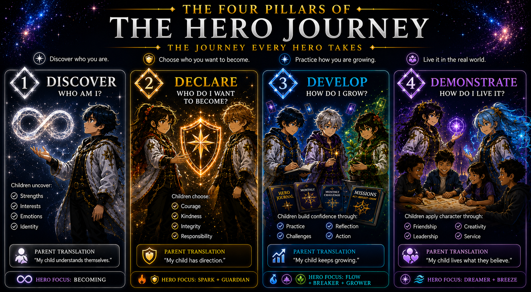 The Four Pillars of the Hero Journey — strength, creativity, courage, and identity.