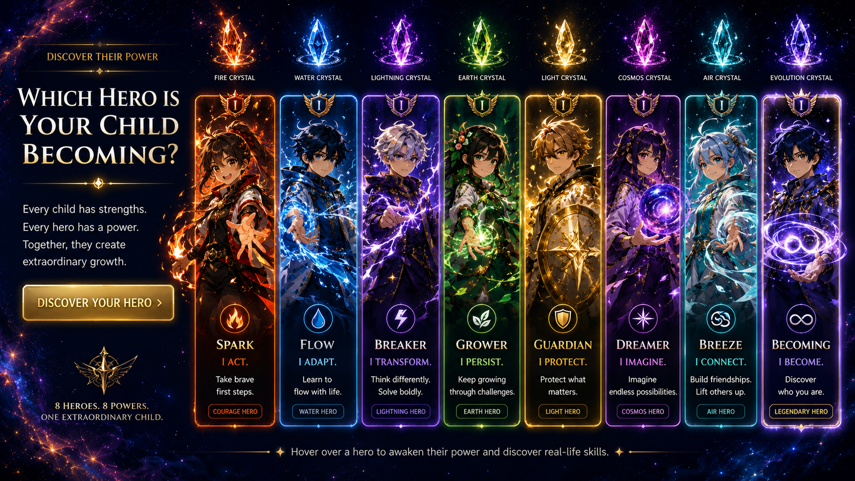BraveBloom Hero Discovery section with eight hero cards and glowing crystals.