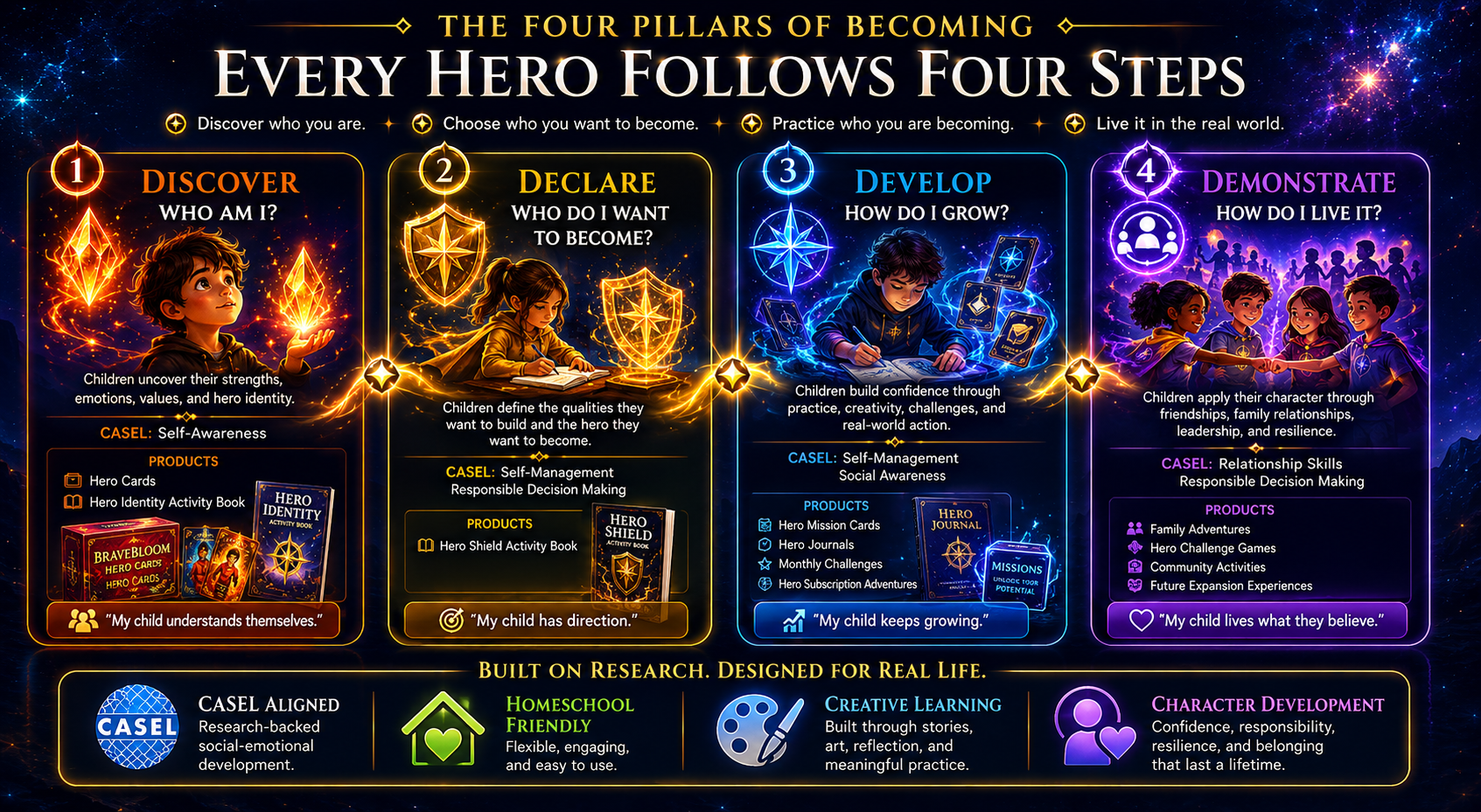 BraveBloom Four Pillars of Becoming with four steps: Discover, Declare, Develop, Demonstrate.
